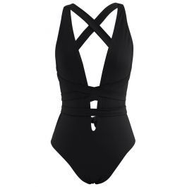 Deep V-Neck Lace-Up One-Piece Swimsuit in Black | Chicwish