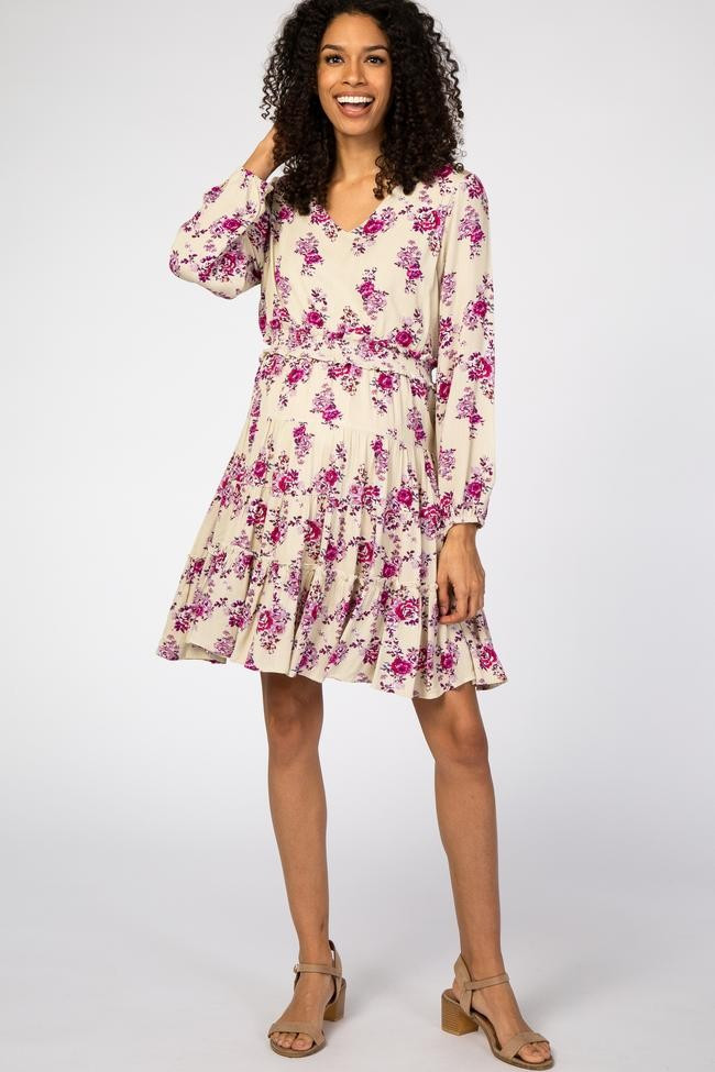 Beige Floral Smocked Ruffle Maternity Dress | PinkBlush Maternity