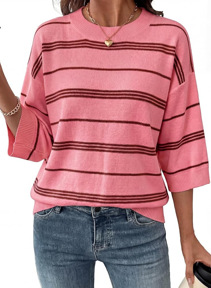 Dokotoo Womens Sweaters Spring Summer Oversized 3/4 Sleeve Striped Crewneck Casual Lightweight Kn... | Amazon (US)