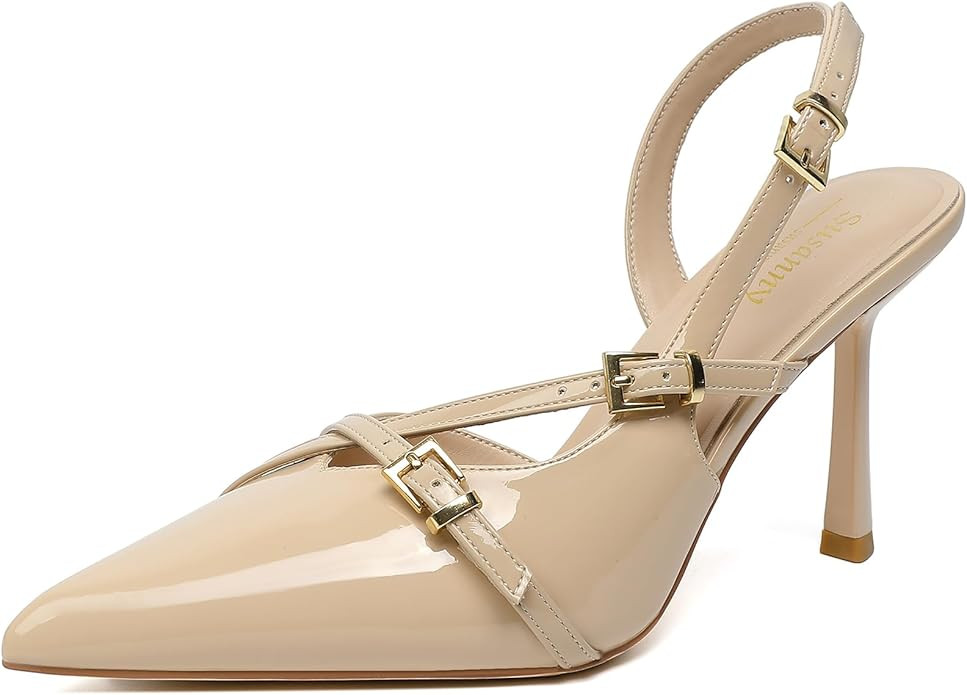 Susanny Slingback Heels for Women Closed Pointed Toe Strappy Dress Pumps Comfortable Stiletto Kit... | Amazon (US)