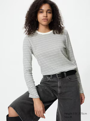 Uniqlo - Soft Ribbed T-shirt (striped, Long Sleeve) - Navy | UNIQLO (UK)