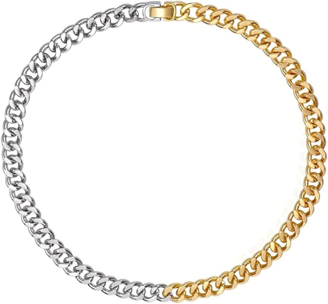 WOWORAMA Two Tone Gold Silver Cuban Link Chain Necklace Choker Unisex Chunky Chain Choker Necklac... | Amazon (US)