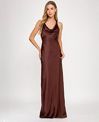 Juniors' Satin Cowl-Neck Halter Gown | Macy's