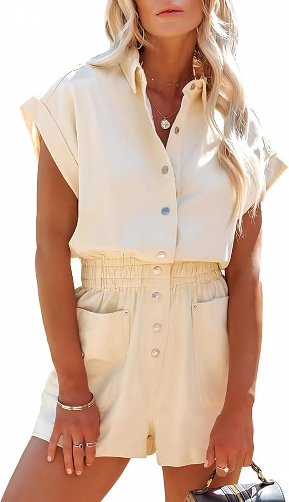 Dokotoo Women's Summer Trooper Utility Cargo Rompers Short Sleeve Button Down Pockets Jumpsuits | Amazon (US)
