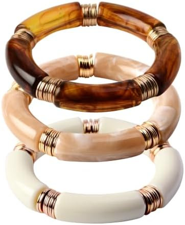 Simple Beaded Gold Plated Bangles Bracelet Chunky Bamboo Tube Curved Stacking Clear Acrylic Color... | Amazon (US)