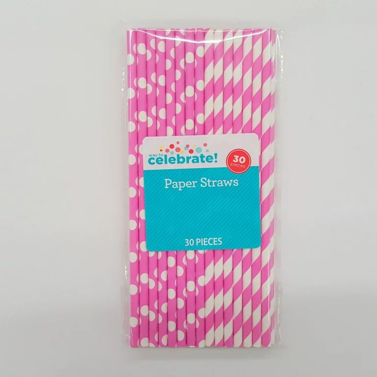Way to Celebrate! Neon Pink Polka Dot & Striped Paper Straws, 30 Count | Walmart (US)