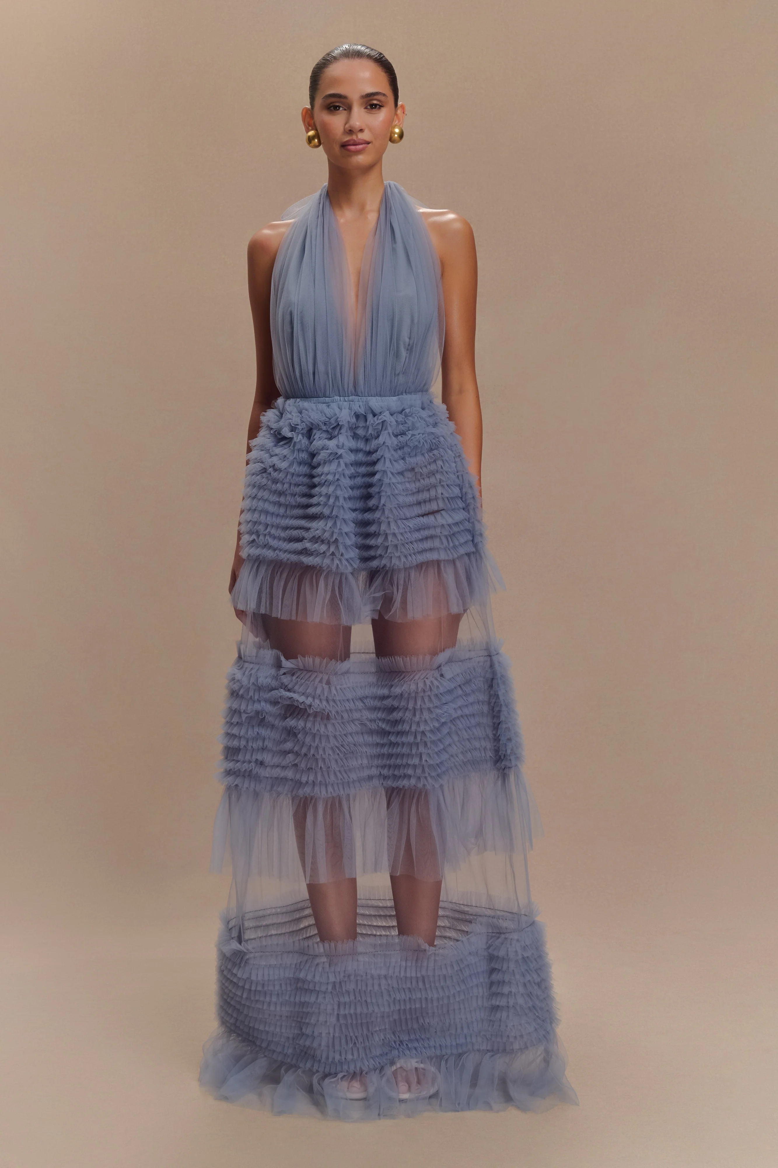 Minka Mesh Ruffle Halter Maxi Dress - Dusty Blue | Meshki (APAC)