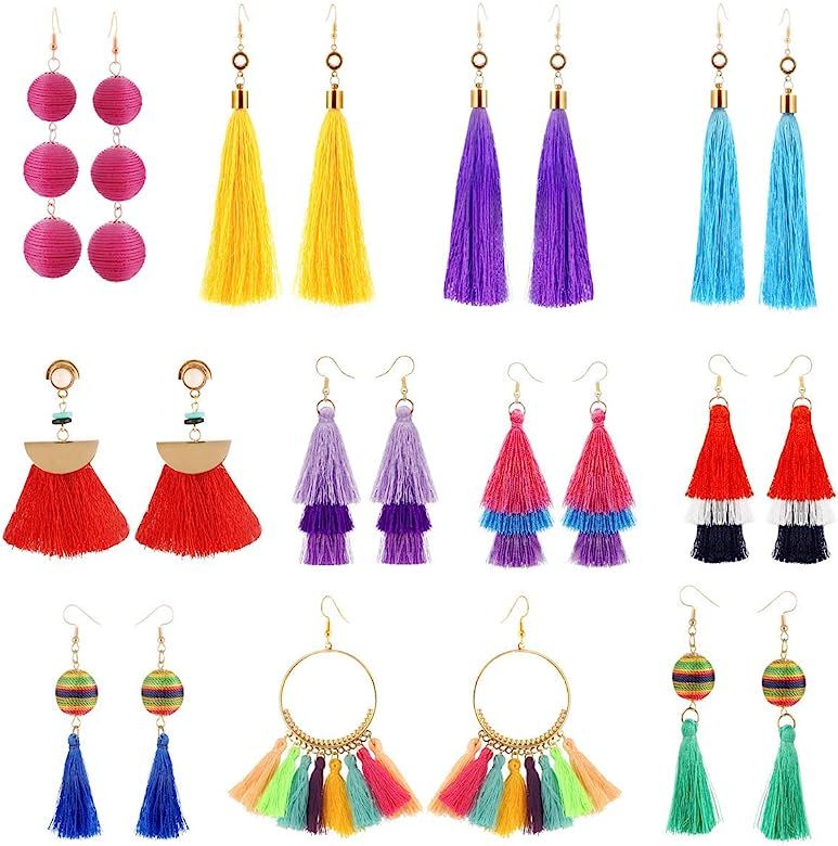 11 Pairs Colorful Long Layered Thread Ball Dangle Earrings Yellow Red Turquoise Tassel Hoop Fring... | Amazon (US)