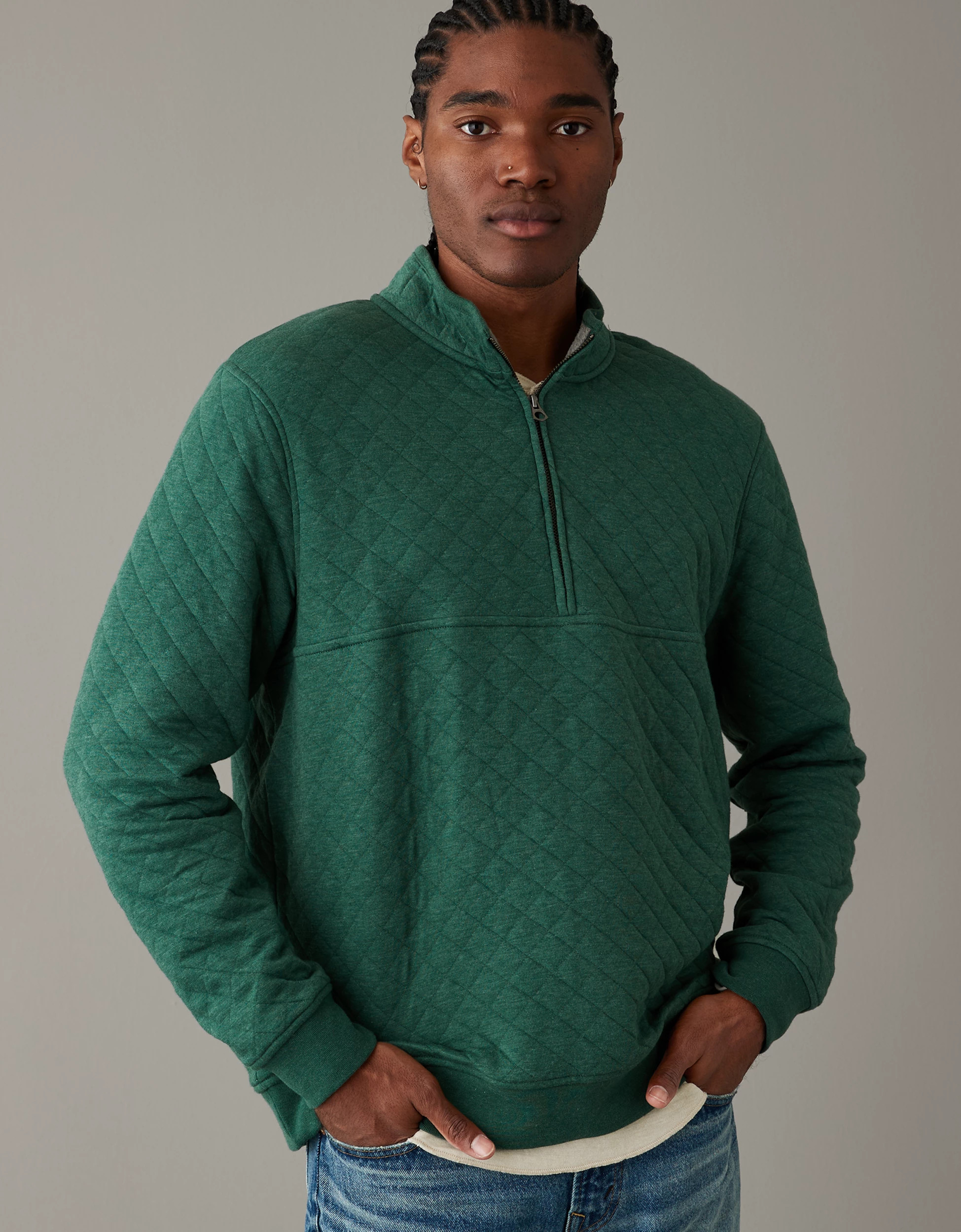 AE Super Soft Colorblock Quilted Quarter-Zip | American Eagle Outfitters (US & CA)