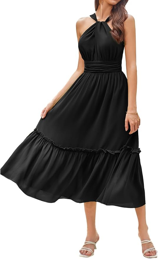 GRACE KARIN Women's 2024 Halter Summer Sleeveless Flowy Maxi Dress Casual Smocked Tiered Wedding ... | Amazon (US)