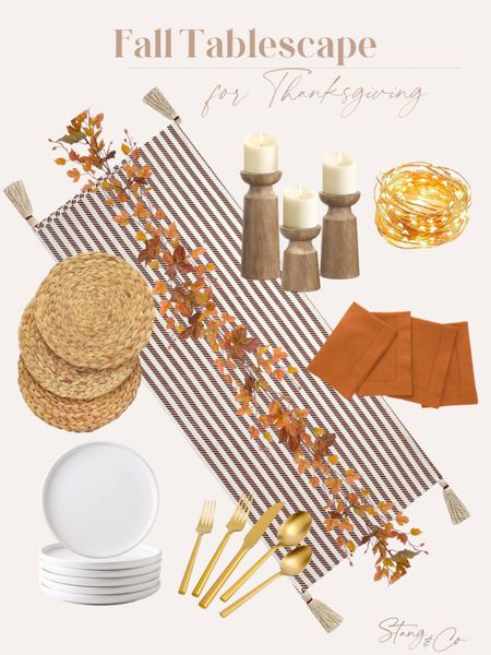 This Fall tablescape is perfect for Thanksgiving dinner and includes a striped table runner, wood candlesticks, led fairy lights, orange cloth napkins, wicker chargers, white plate, gold silverware, and faux leaves. 

Fall decor, fall table inspiration, thanksgiving table 

#LTKhome #LTKunder50 #LTKstyletip