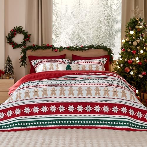 Bedsure Christmas Quilt Queen Size - Red Quilt for Queen Size Bed, Gingerbread Man Striped Printe... | Amazon (US)