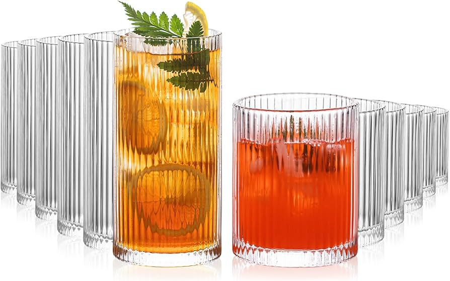 INSETLAN 12-Piece Ribbed Glassware - 6 Highball Glasses 12 oz, 6 Rocks Glass Cups 14 oz, Vintage ... | Amazon (US)
