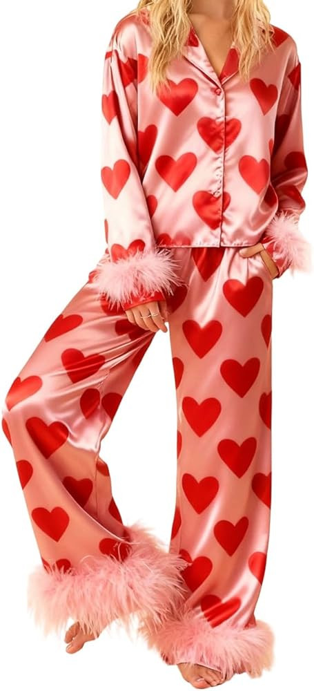 Women Valentine’s Day Feather Trim Pajama Heart Bow Long Sleeve Shirt Pants 2pcs Silk Satin Lou... | Amazon (US)