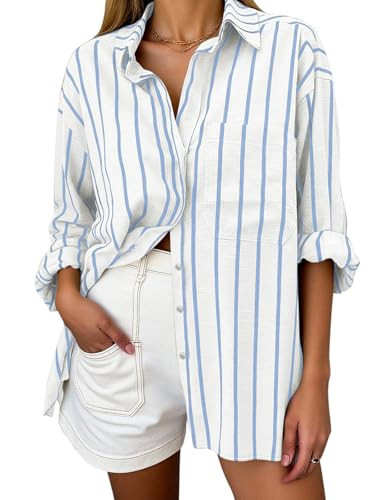 Oversized Button Down Shirts for Women Linen Shirt Long Sleeve Collared Blouses with Pocket Beach Vacation Outfit 2026 White and Blue Striped L | Amazon (US)