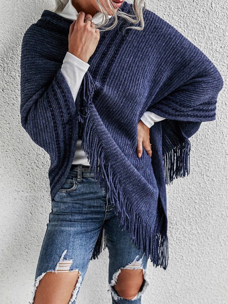 Striped Pattern Fringe Hem Poncho Sweater | SHEIN