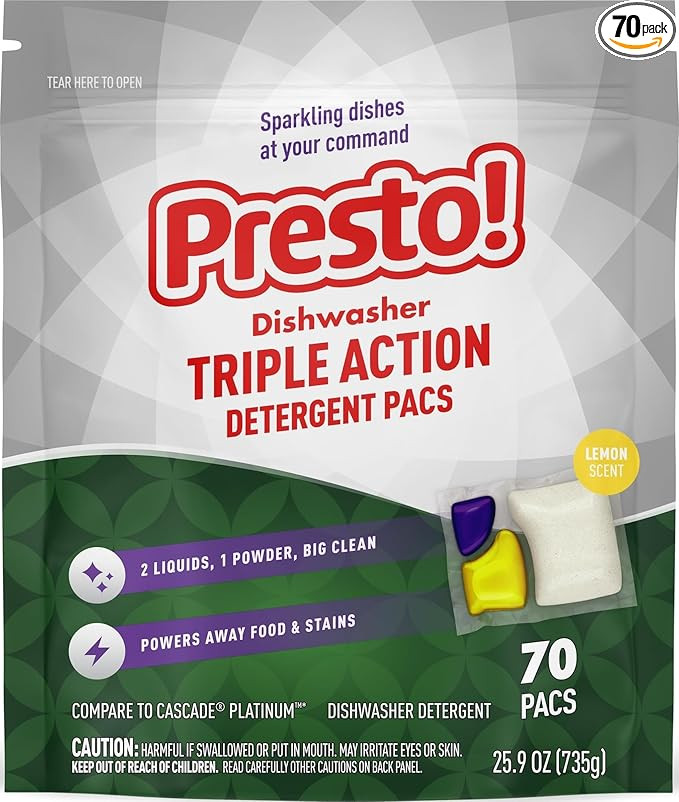 Amazon Brand - Presto! Triple Action Dishwasher Pacs, Lemon Scent, 70 Count | Amazon (US)