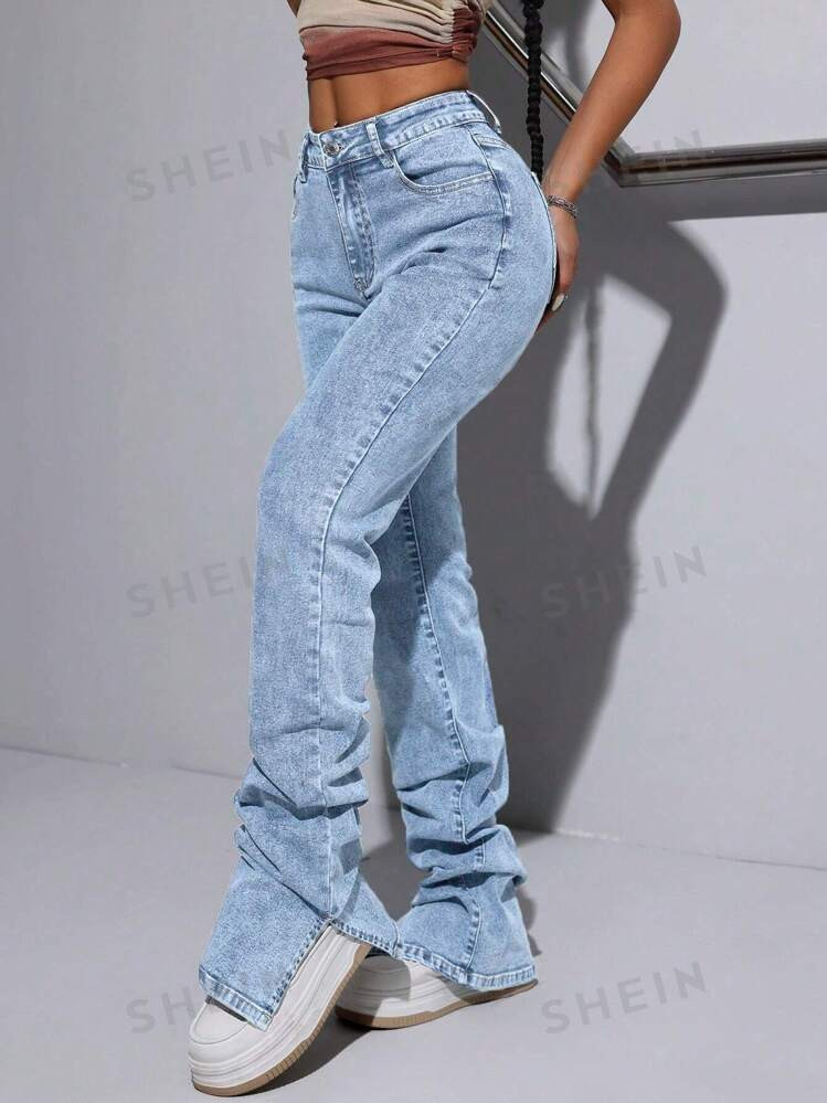 SHEIN ICON Women's Mid-Waist Split Pile Flared Jeans | SHEIN