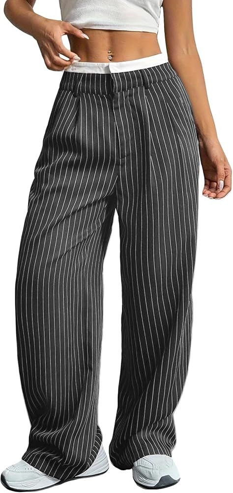 LKOUS Women's Wide Leg Pinstripe High Waisted Wrinkle Resistant Dress Pants | Amazon (US)