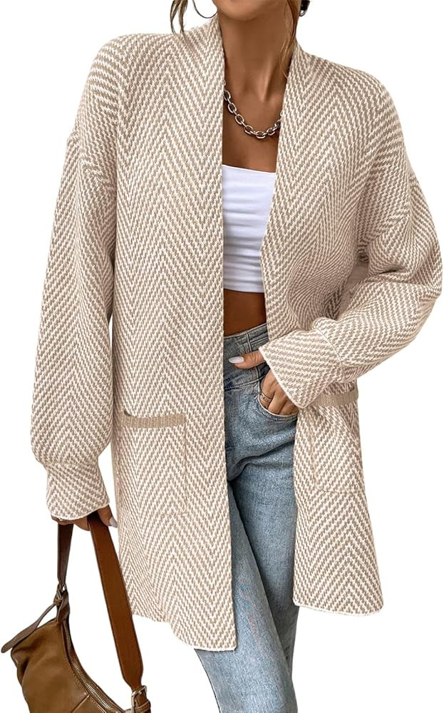 Sidefeel Womens 2025 Fall Outfits Long Sleeve Open Front Striped Cardigan Sweaters Chevron Chunky... | Amazon (US)