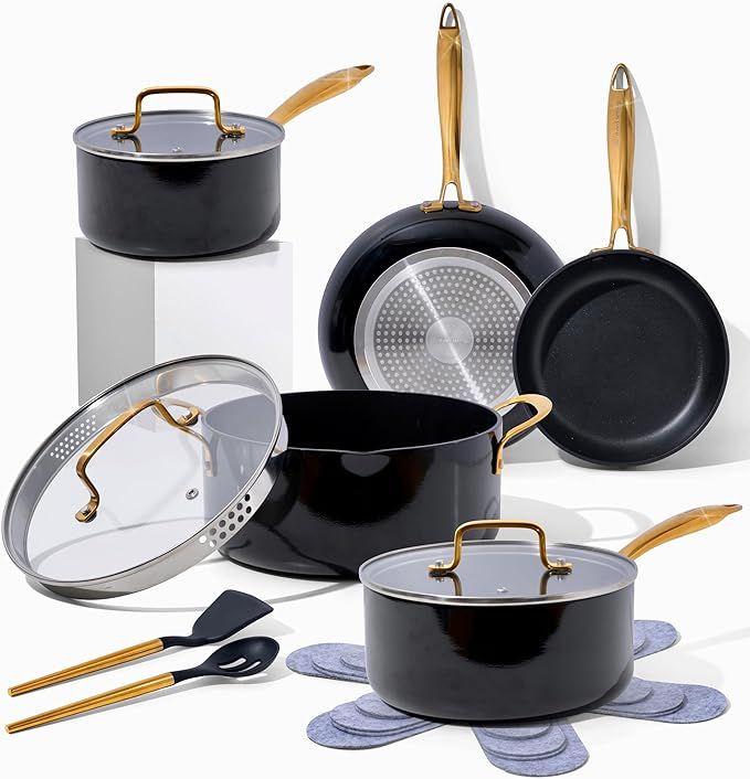 Black and Gold Pots and Pans Set Nonstick - 15PC Luxe Black Pots and Pans Set Non Toxic - Inducti... | Amazon (US)