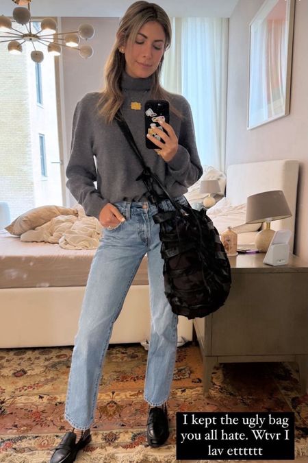 Another one of my go-to everyday outfits.  Levi’s middy straight jeans paired with a chunky turtleneck sweater.

My bag is Bottega Venetta.  A lot of you said I should return this, but I absolutely love it.   It holds a lot, and goes with everything. I found several of these on the Real Real, which I’ve linked below.  They’re listed for WAY less than the original price, so these are a steal.

#LTKsalealert #LTKstyletip #LTKitbag
