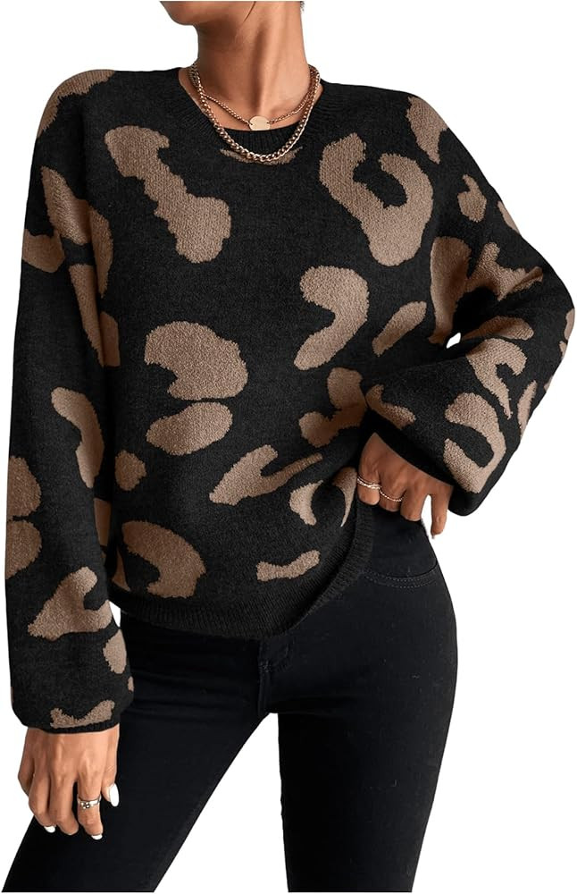 WDIRARA Women's Leopard Sweater Crew Neck Long Sleeve Vintage Knit Pullover Tops | Amazon (US)