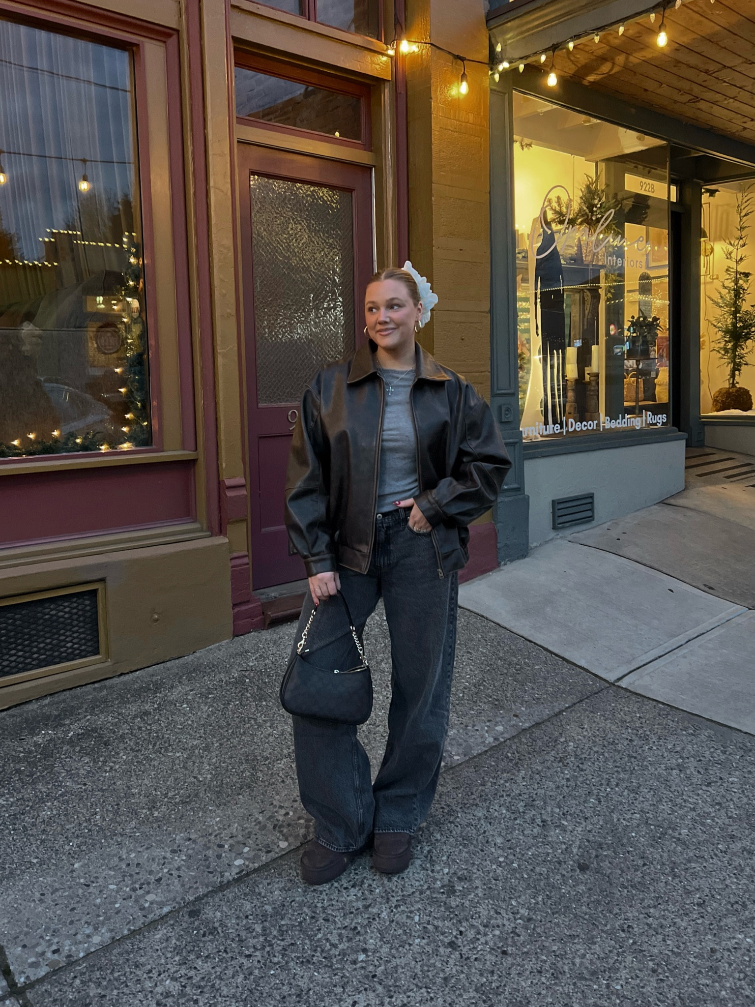 Jeans tts you could even size down one they are soo soft and comfortable. I did the long size for length I’m 5’ 5”. Uggs are tts my most warm cozy shoe! Cute hair scrunchie. Best long sleeve basic soft ribbed tee on sale!  Size M