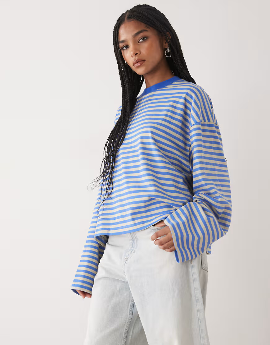 Lioness Bloom cotton blend long sleeve crew neck boxy t-shirt in mickey blue stripe-Multi | ASOS (Global)