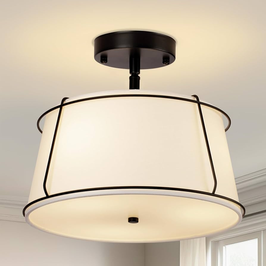 13'' Semi Flush Mount Ceiling Light Fixture, 3-Light Black Light Fixtures Ceiling Mount with Whit... | Amazon (US)