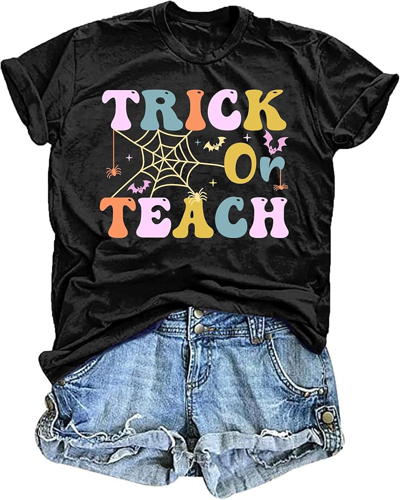 Halloween Teacher Shirt Women Teach T-Shirt Funny Letter Print Tshirts Fall Tee Top Teacher Gift | Amazon (US)