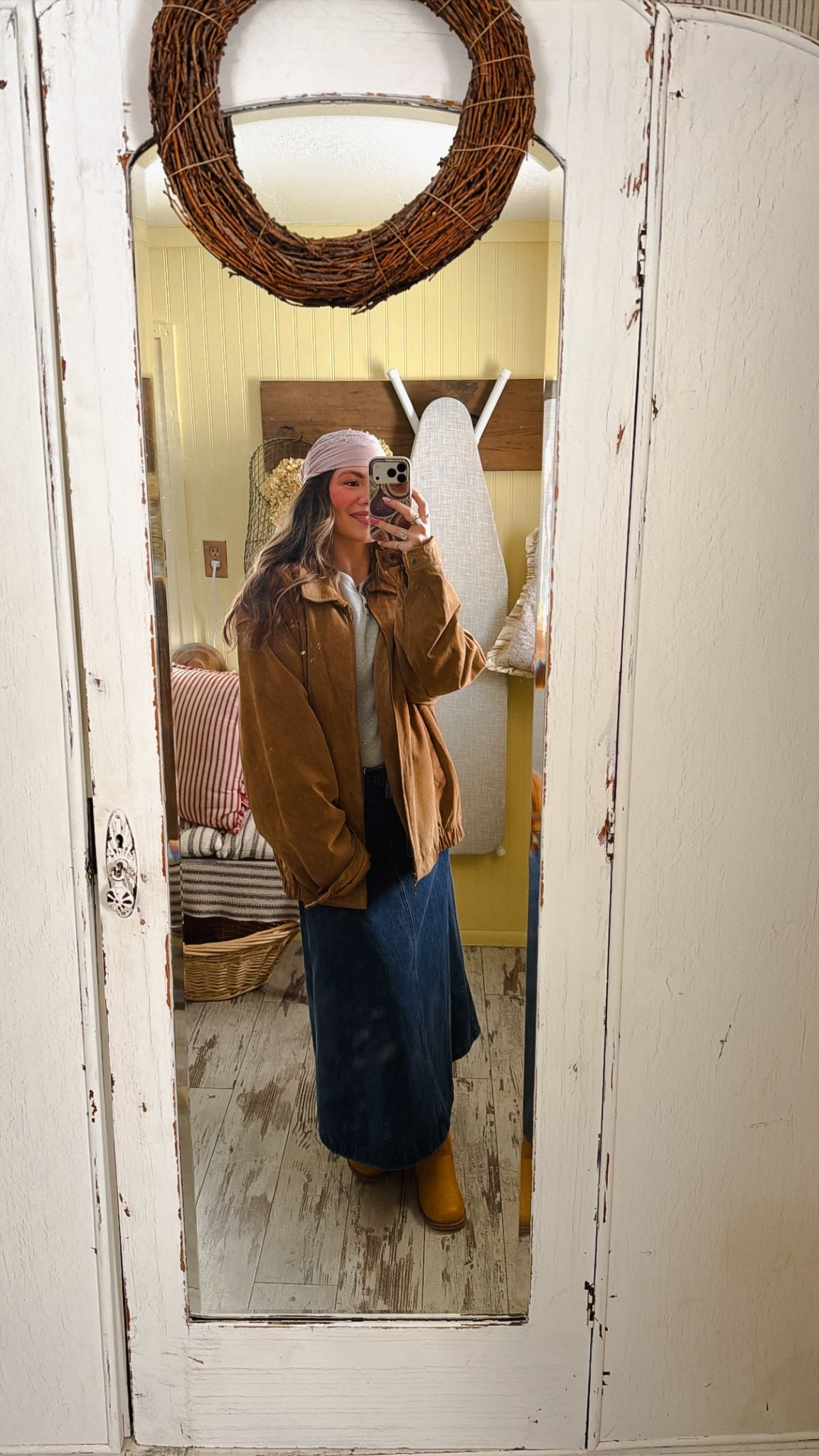 Channeling the ‘70s today with the head scarve, leather coat, long denim skirt and banana boots 🫶🏼🌼

#LTKPetite #LTKgrwm #LTKootd