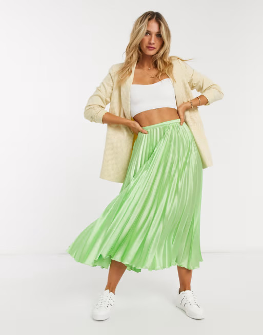 ASOS DESIGN satin pleated midi skirt in lime green | ASOS (Global)