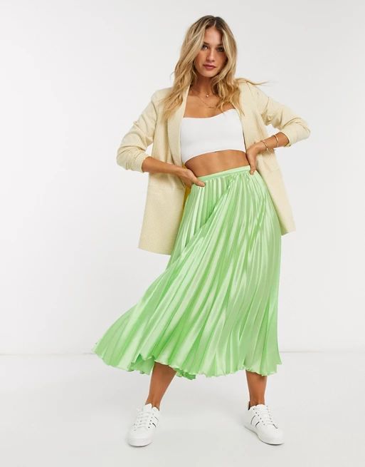 ASOS DESIGN satin pleated midi skirt in lime green | ASOS (Global)