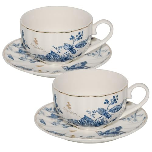 KAITOER Tea Cups and Saucers Coffee Cappuccino Espresso Latte Cup Mugs Special Gold Line Ceramic Cup Porcelain Tea Cups Set of 2 (7oz) for Gifts,Party,Gatherings, Afternoon Teas,Receptions | Amazon (US)