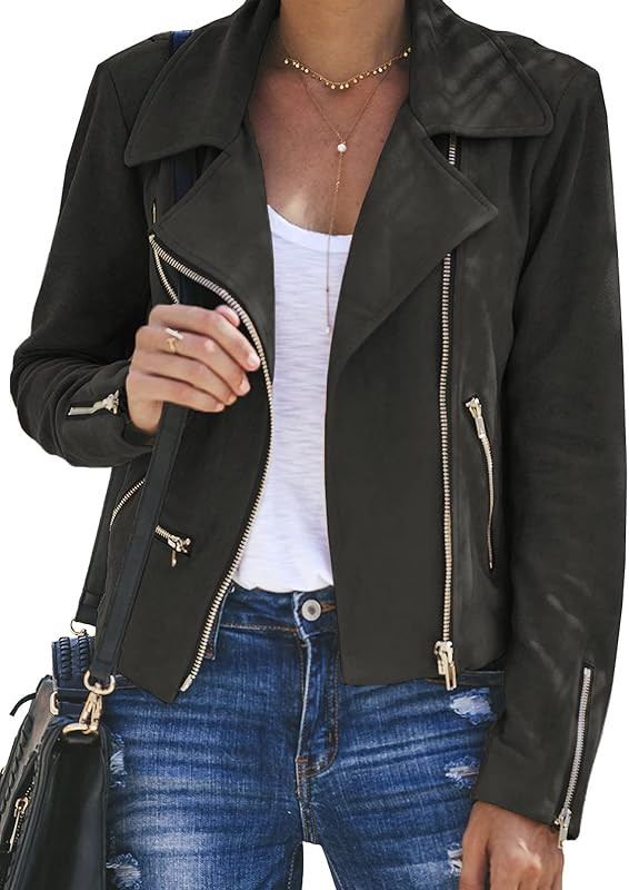 GOSOPIN Women Faux Suede Zipped Motorcycle Jacket Notch Collar Moto Biker Short Coat Casual Zip Part | Amazon (US)