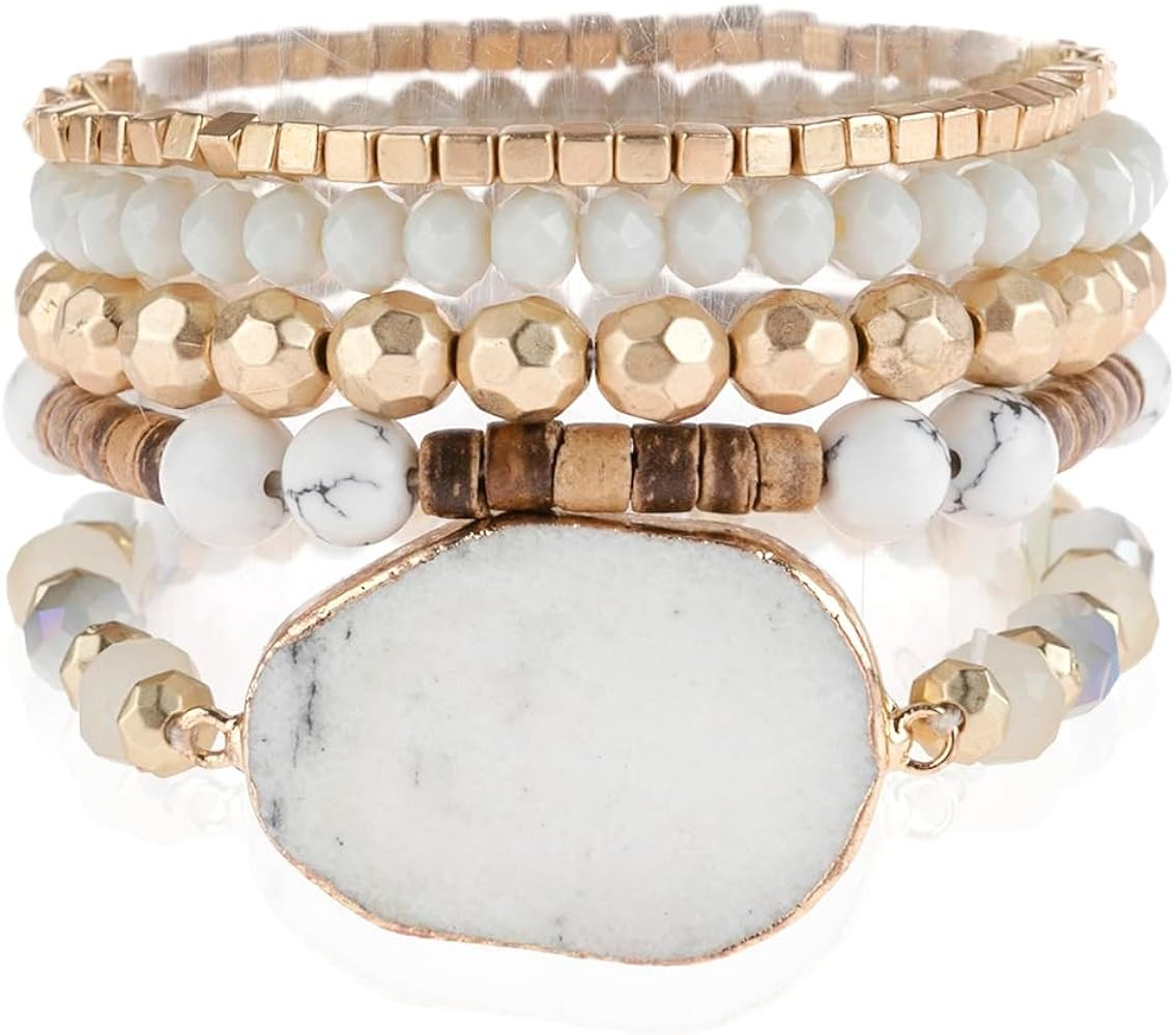RIAH FASHION Bohemian Multi Layer Beaded Strand Stack Bracelets - Sparkly Crystal, Natural Stone ... | Amazon (US)