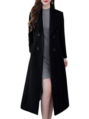 ebossy Women's Shawl Collar Double Breasted Below Knee Slim Wool Trench Long Coat (Small, Black) | Amazon (US)