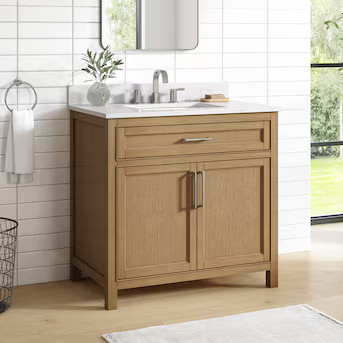 allen + roth Connery 36-in Warm Oak Undermount Single Sink Bathroom Vanity with White Engineered ... | Lowe's