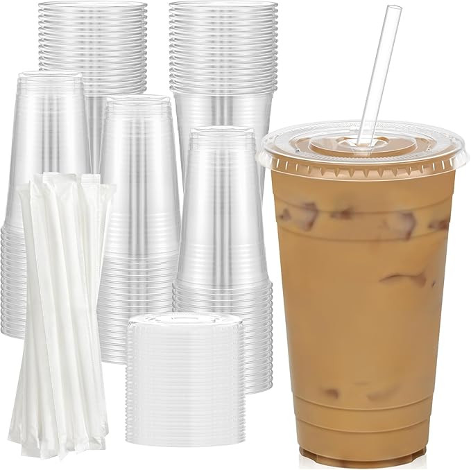 100 Pack - 24 oz Clear Plastic Cups with Lids and Straws, Sturdy & Food Safe Iced Coffee Cups wit... | Amazon (US)