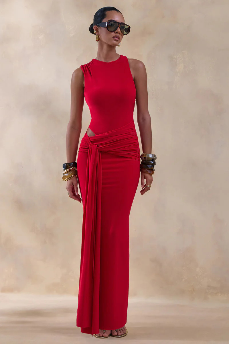 Neile  Red Crew-Neck Maxi Dress With Cut-Out and Sash Details | Club L London