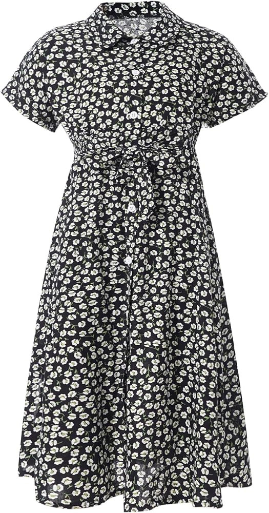 winying Kids Girls Floral Print Bohemia Short Sleeve Shirt Dress Button Front Midi Dress Summer C... | Amazon (US)