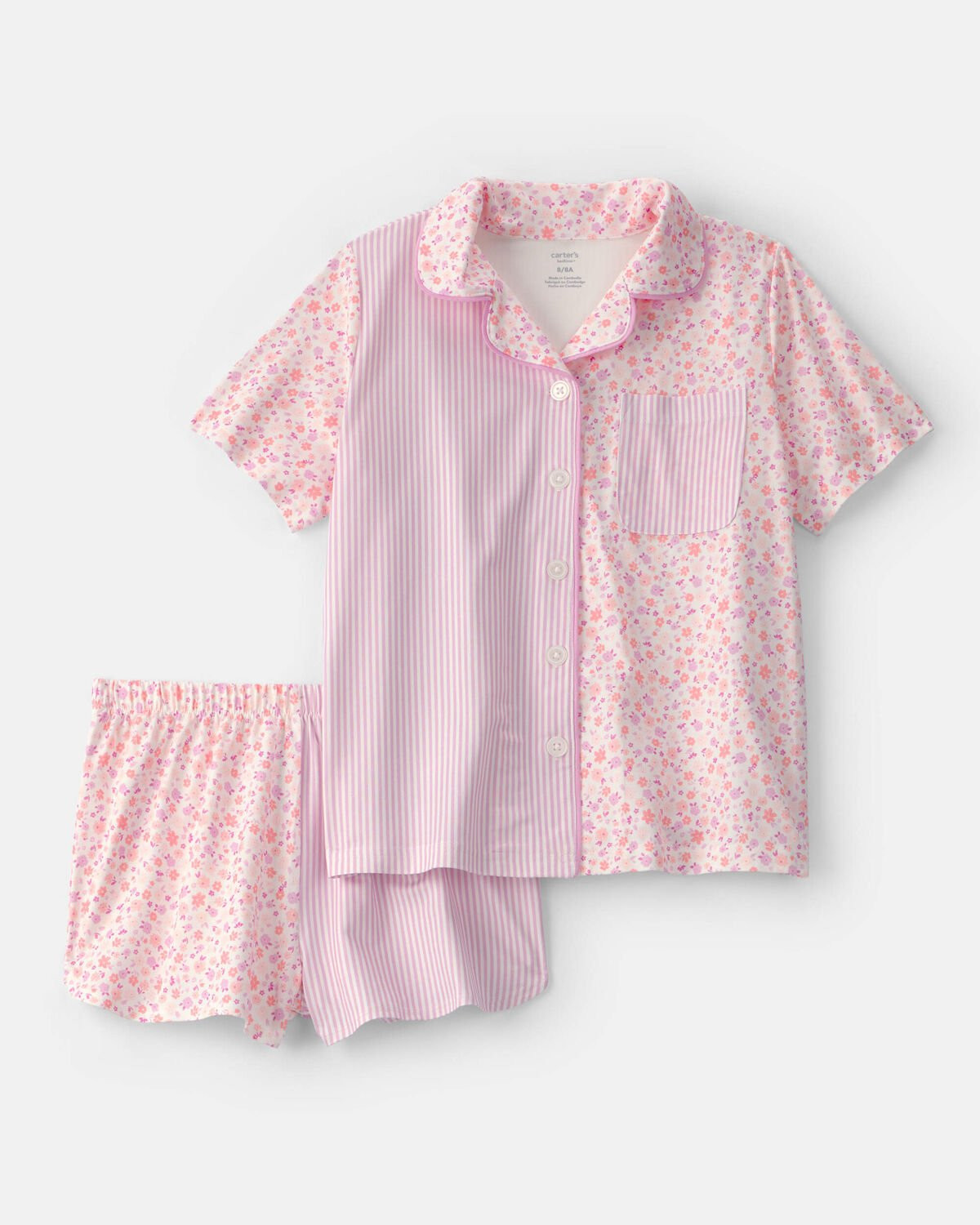 Girls Floral Stripe Short-Sleeve Loose Fit 2-Piece Pajama Set - Pink | Carter's Inc