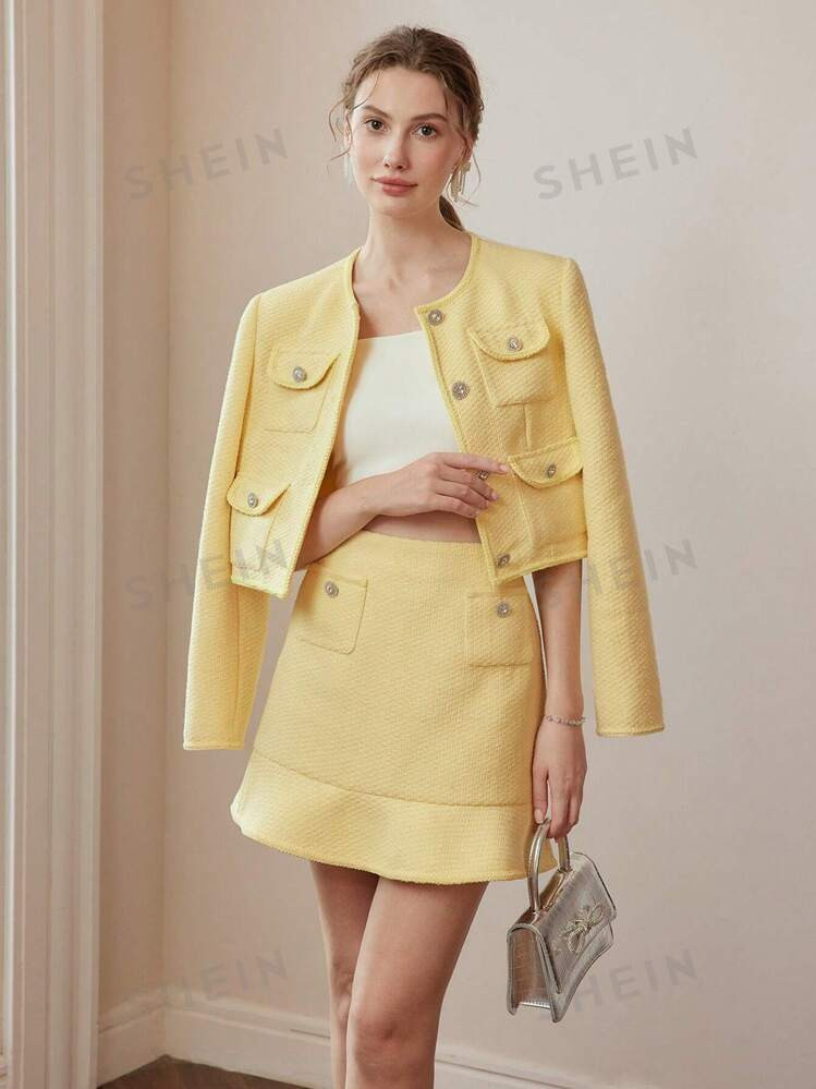 MOTF STUDIO SOLID TEXTURED FLAP POCKET CROP JACKET | SHEIN USA | SHEIN