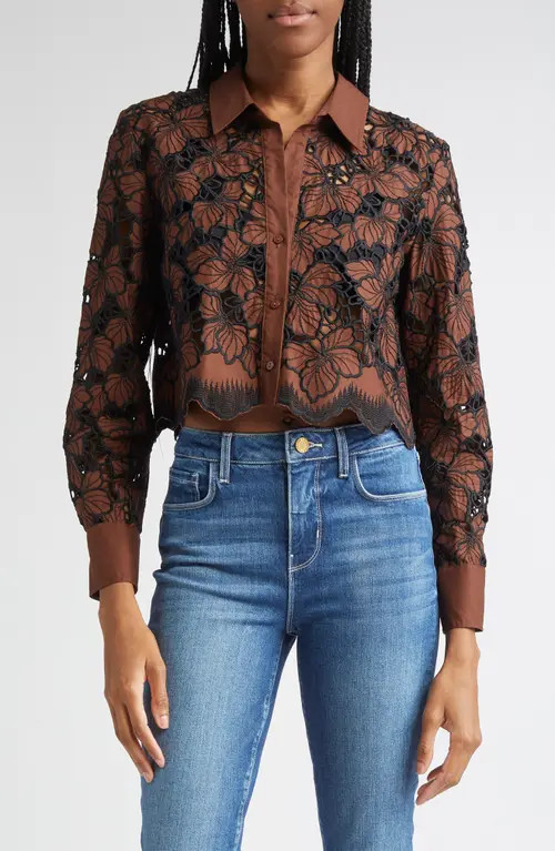 L'AGENCE Seychelle Cutwork Crop Shirt in Hot Fudge/black at Nordstrom, Size X-Small | Nordstrom