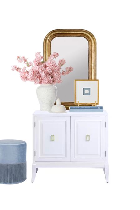 Entryway styling with The Home Depot featuring my new white console cabinet 💗  @homedepot #thehomedepot #partner 

entryway inspo, entryway table,white and gold console table, white accent cabinet, entry decor, cabinet, fringe ottoman, blue ottoman stool, foyer, console styling, arched mirror gold mirror spring decor cherry blossom stems intaglio ginger jar 

#LTKunder50 #LTKhome #LTKsalealert