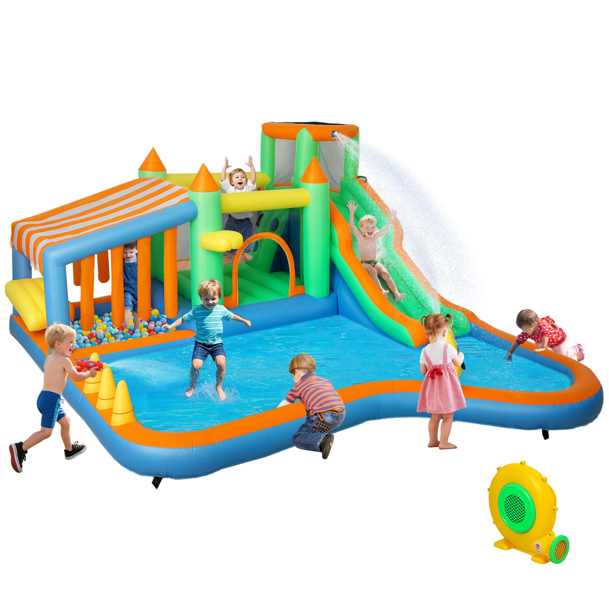 Qaba Inflatable Water Slide with Large Splash Pool, 8 in 1 Bouncy House Water Park with 680W High... | Amazon (US)