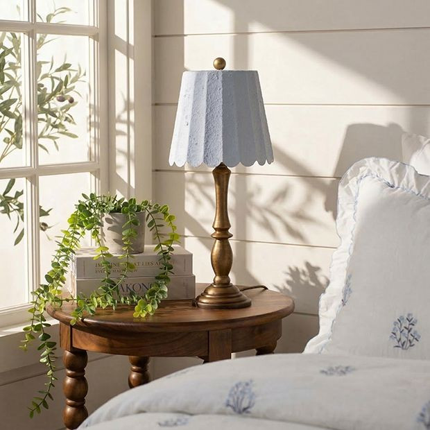 Brass Table Lamp with Textured Blue Shade | Antique Farm House