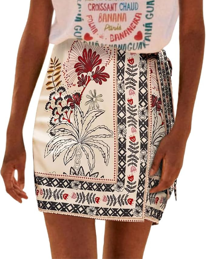Womens Summer Floral Wrap Short Skirt | Tie Side High Waist A Line Beach Vacation Boho Mini Skirt | Amazon (US)