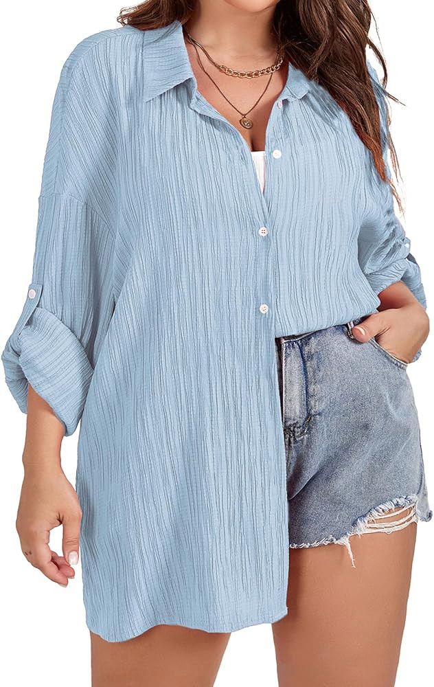 Women Plus Size Button Down Shirts Long Roll Up Sleeve V Neck Collared Casual Blouses Oversized S... | Amazon (US)